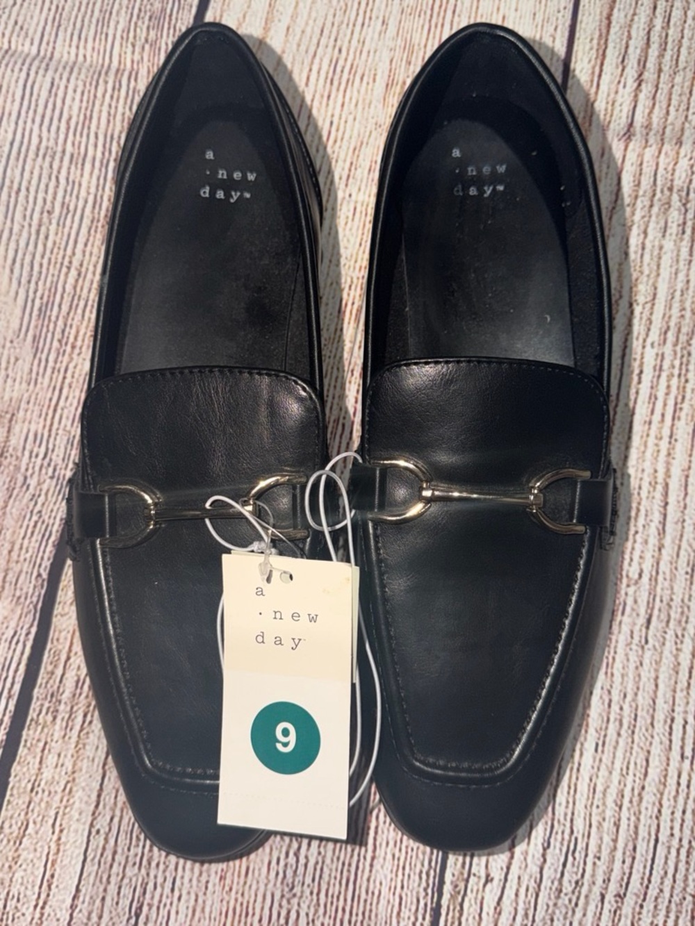 a new day Black Leather Slip-On Loafers with Metal Bit